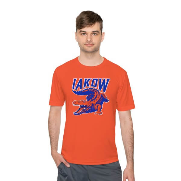 IAKOW Full Logo Unisex Sport Moisture Wicking Tee- White, Orange, or Blue